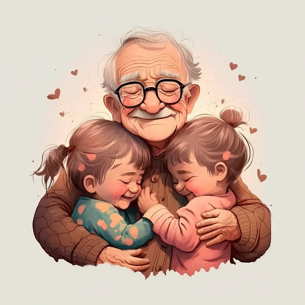 Happy Grandfather Hugs Little Grandchildren — Stock Photo, Image