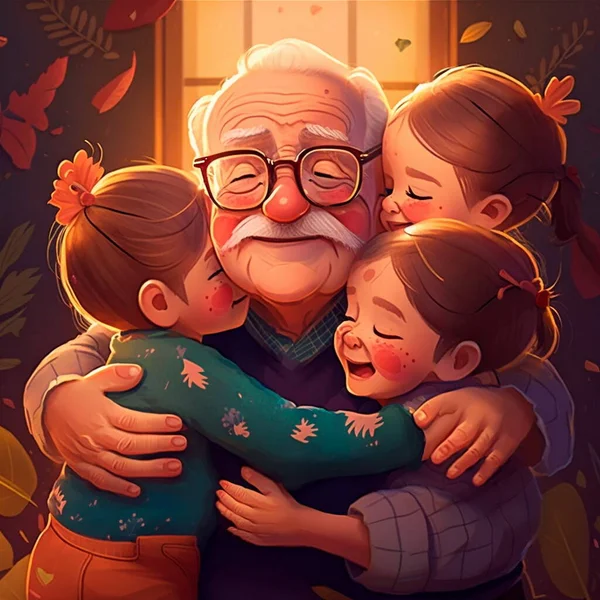 Ευτυχισμένος Παππούς Αγκαλιάζει Μικρά Εγγόνια — Φωτογραφία Αρχείου