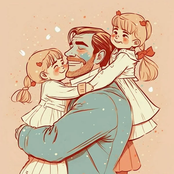 Šťastný Otec Objímá Dvě Malé Dcery Den Otců — Stock fotografie