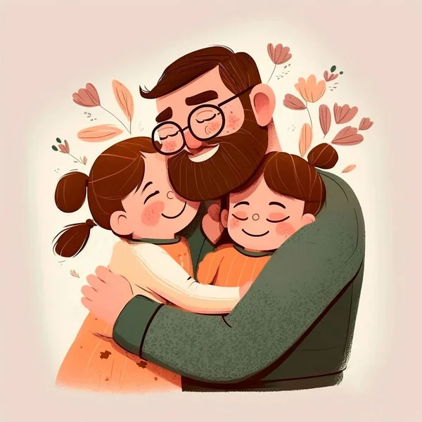 Happy Father Embraces Two Little Daughters Father Day — Stock Photo, Image