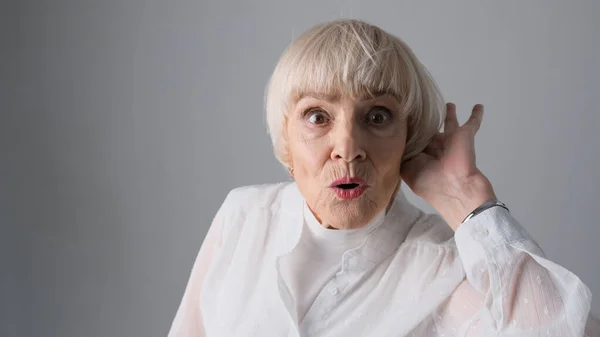 Old Woman Can Hardly Hear Isolated White Background — Stock Photo, Image
