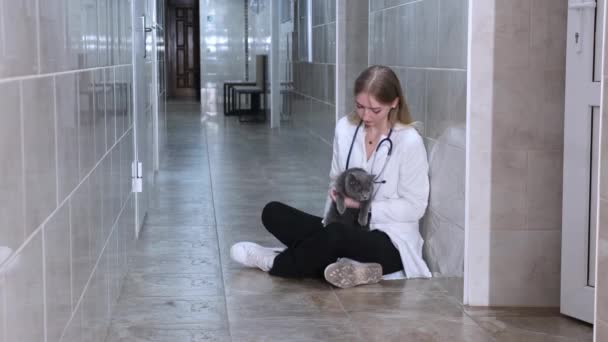 Seorang Gadis Veterinarian Lelah Sedang Duduk Lantai Koridor Klinik Memegang — Stok Video