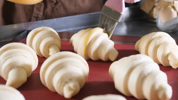 Пекарь Покрывает Сырое Тесто Желтком Используя Щетку Красивой Оболочки — стоковое видео