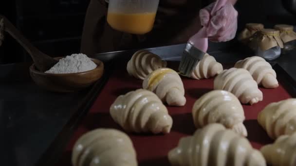 Chef Greases Egg Yolks Beautiful Cheese Croissants Going Oven — Stock Video