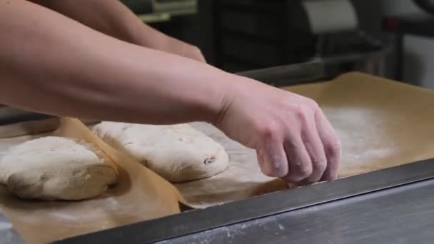 Готувати Формування Сирого Тіста Пергаментному Папері Подальшого Приготування Хліба — стокове відео
