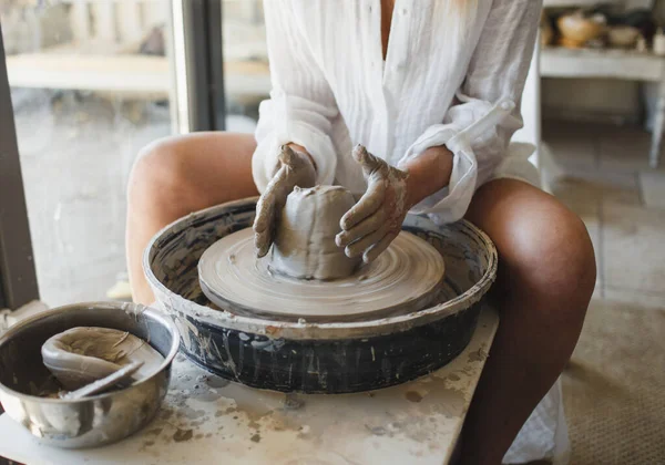 Woman Works Potter Wheel Hands Close — Stock Photo, Image