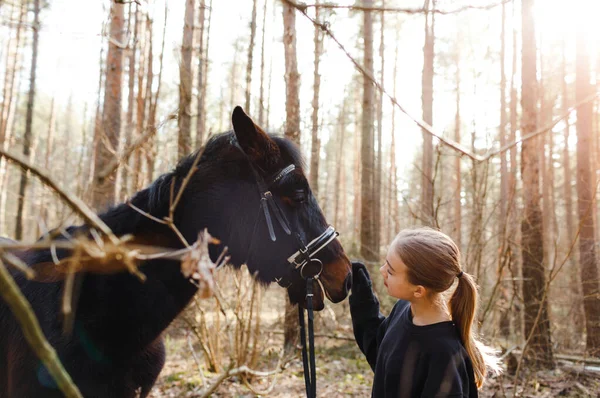 Een Jong Meisje Jockey Communiceert Met Een Paard — Stockfoto