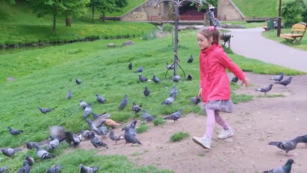 在一个阳光明媚的城市公园里 一个穿着粉色夹克 外套裙和保暖紧身衣的漂亮姑娘独自奔跑着 吓着了鸟儿 — 图库视频影像