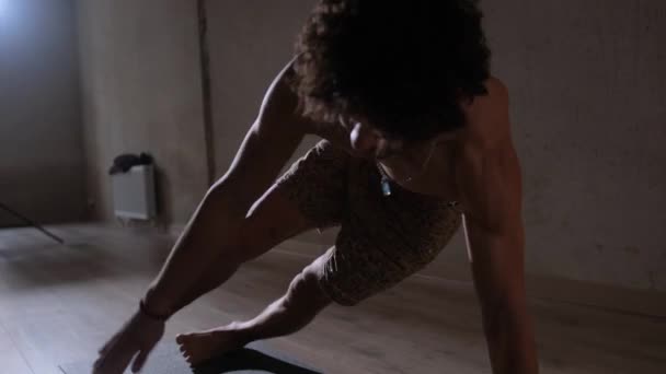 Man Naked Torso Doing Yoga Gym Healthy Lifestyle Concept — Stock Video