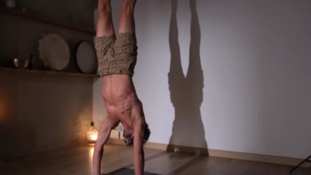 Muscular Athlete Does Handstand Gray Background Studio — Stock Video