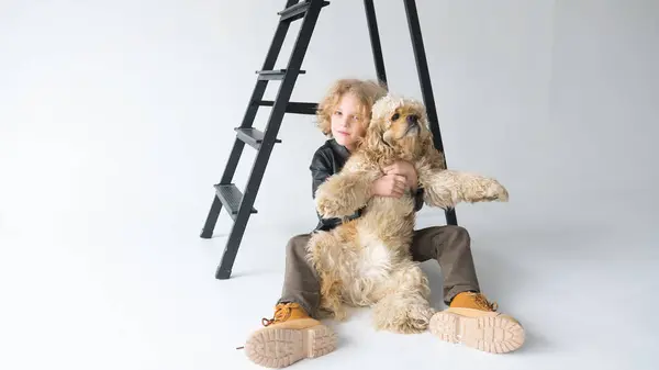 Bir Çocuk Merdivenin Basamaklarında Oturuyor Elinde Bir Köpek Tutuyor Stok Resim