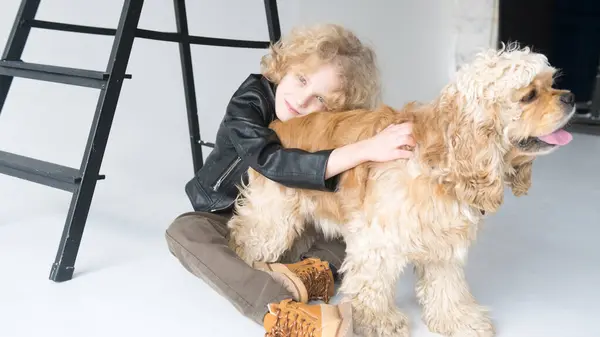 Kıvırcık Saçlı Küçük Bir Çocuk Büyük Tüylü Bir Köpeğe Sevgiyle Stok Fotoğraf