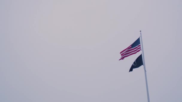 遅い動きは曇りの日に雄大なアメリカ国旗を振っている 愛国心の強力な表示 — ストック動画