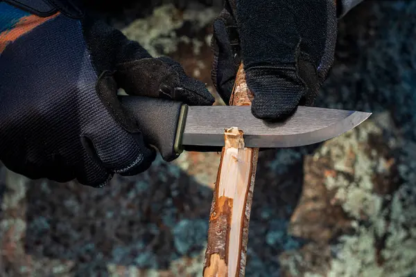 Couteau Poche Noir Vert Utilisé Pour Bushcrafting Blanchissant Bâton Pour — Photo