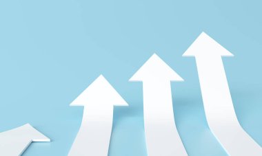 Yeni iş planlama stratejisi için yükselen beyaz okun 3D yorumlanması. İş hedefi konsepti büyüyor. Arrow 'un büyüme başarısına adım at. Mavi Arkaplan 'da çok ilerleme kaydettik. üstte