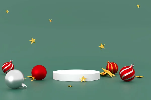 3D rendering  product display stands or stage, with ball and stars model on pastel green background. Luxury Christmas sale presentation scene. happy new year scene for product display presentation