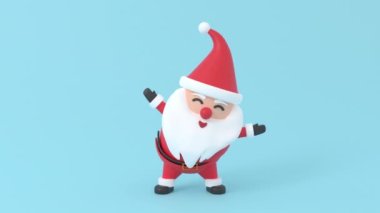 Mutlu şirin Noel Baba kırmızı giysiler içinde gülümsüyor. Yüzünde gerçekçi üç boyutlu uyumlu karalama emojisi elementleri var. Noel Baba Koleksiyonu Xmas festivali için mavi arka planda beklesin.