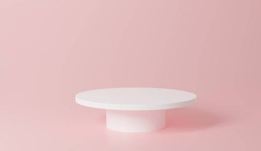 Beyaz gerçekçi 3d silindir kaidesel podyum. Pastel pembe arka plan yarı daire arkaplan. Soyut 3D canlandırma geometrik platformu. Ürün sunumu. En az olay yeri. Ürünü göster 