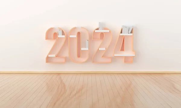 快乐的新年教育和起码的观念 室内装饰用的书架木料 最小的日本风格 模拟展示产品节日庆祝卡片的空间3D渲染 — 图库照片