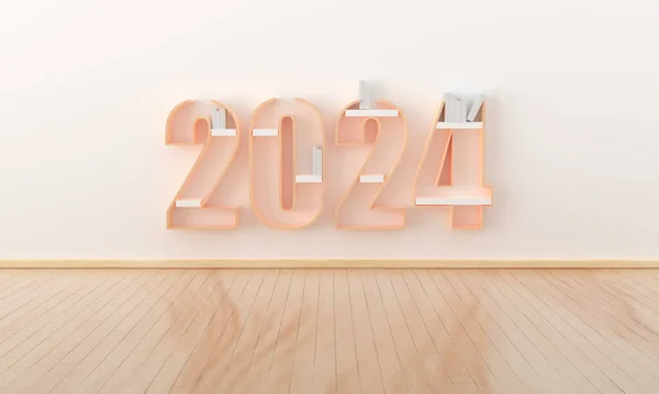 2024 Felice Anno Nuovo Istruzione Concetto Minimo Librerie Legno Decorazione — Foto Stock