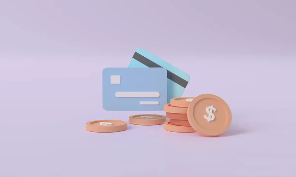 デジタル貯蓄 パステルパープルの背景にコインでクレジットカードの3Dレンダリング キャッシュレス社会とお金の節約の概念を説明 — ストック写真