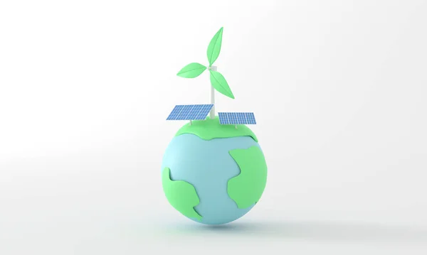3d Globe tree and solar cell windmill. Earth Day Save World Environment icon concept. icon isolated on white background. 3d rendering illustration. Clipping path isolated