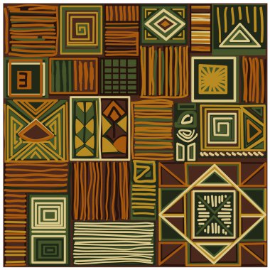 Kahverengi ve yeşil renk paletli geometrik Afrika esinlenilmiş tekstil deseni. Tasarım cesur geometrik şekilleri, üçgenleri ve kareleri geleneksel kumaşı hatırlatan karmaşık çizgilerle birleştiriyor..