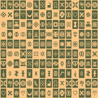 Adinkra sembolleri ve toprak renkli vektör illüstrasyonlu dijital grafik tasarımlı Afrika tekstil deseni. Tekstil üretimi, grafik tasarımı, web tasarımı ve yazdırma medyası gibi uygulamalar için idealdir..