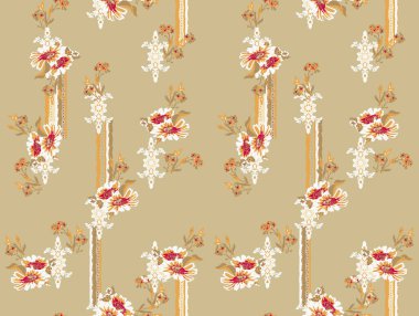 seamless vintage ethnic pattern flowers and folkloric branches. Fabric motif texture repeated. Floral colorful elements on brown background.