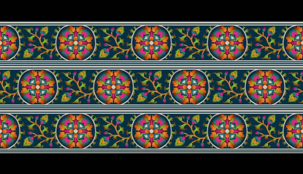 伝統的な民族幾何学的形状の境界線 重みのある芸術バロック作曲パネルモチーフ マルチフラワーペイズリー装飾が施されたシームレスなパターン 繰り返しの花の質感 ヴィンテージの背景 生地印刷 — ストック写真