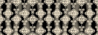 Damask pürüzsüz desen. Dantelli kumaş, yeşil ve sarı süs. Siyah arkaplanda tekstil duvar kağıdı