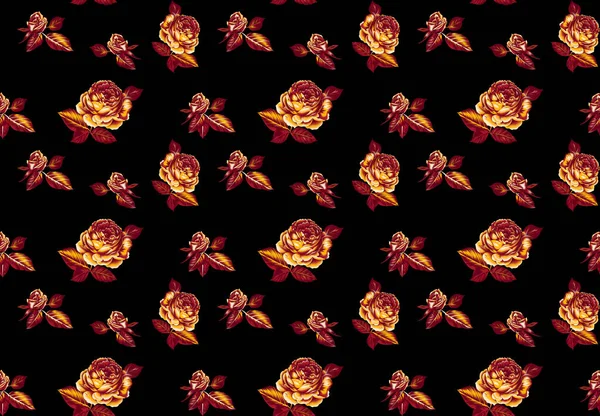 Bezešvé Vzor Zlatými Květy Růže Listy Pupeny Bílém Pozadí Ilustrace — Stock fotografie