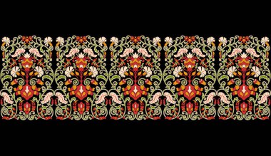Etnik sınırları olan kusursuz desen çiçekler. Asya Tekstil 'inde Çiçek İllüstrasyonu. Etnik çizgi sınırları.