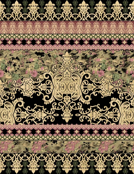 Obramowanie Cyfrowych Kwiatów Tekstylnych Różnych Elementów Barokowy Styl Unikalny Podstawowy — Zdjęcie stockowe