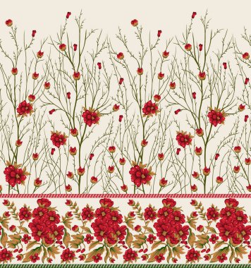 digital textile design motif with geometrical border and ethnic style decoration with botanical flowers and ornament