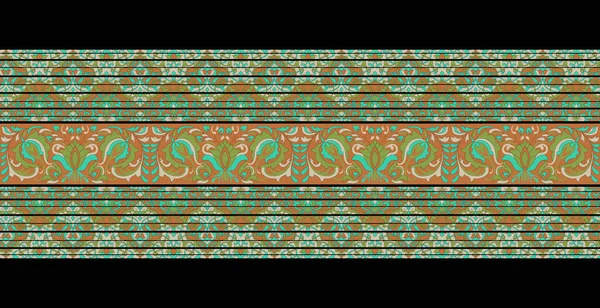 Текстиль Цифровой Икат Этнический Дизайн Набор Дамаск Пограничный Барочный Узор — стоковое фото