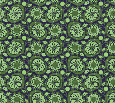 Beyaz arkaplandaki desensiz desen. Eski moda fantezi çiçekleri, eski moda, jakoben nakış tarzı. Kusursuz desen, arka plan. Çizim. Ordu yeşili üzerine.