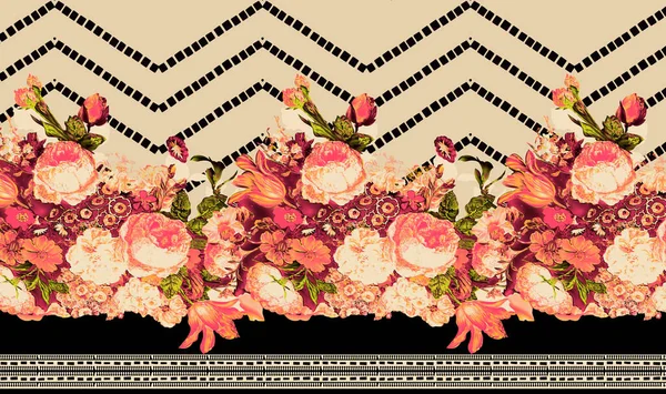 Cyfrowy Motyw Projektu Tekstylnego Geometryczną Obwódką Dekoracją Stylu Etnicznym Kwiatami — Zdjęcie stockowe