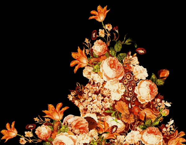 Geometrik Kenarlı Dijital Tekstil Tasarım Motifi Botanik Çiçekler Süslemelerle Etnik — Stok fotoğraf