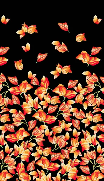 花の多くの種類の流行の花のパターン 熱帯植物モチーフはランダムに散在しています シームレスなテクスチャ 暗地に手描きで印刷 — ストック写真