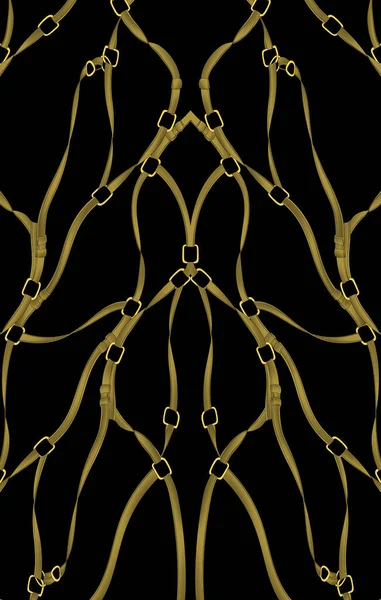 Seamless hand drawn Baroque pattern background with golden chains.  patch for print, fabric, and scarf design. Isolated on black background