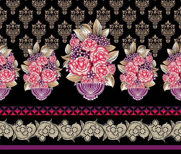 floral paisley border figital shirt composition for digital textile prints. Beautiful flower motif border element.