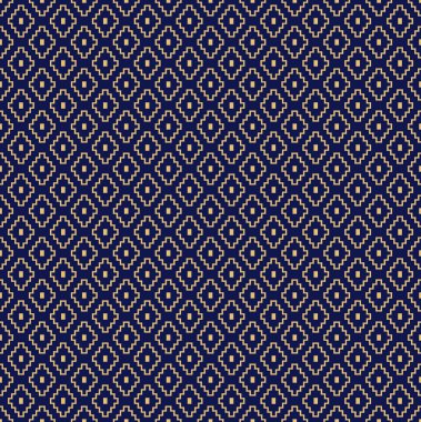 Çizgileri ve eşkenar dörtgenleri olan soyut geometrik desen. Kusursuz bir arkaplan. Mavi-siyah ve altın rengi