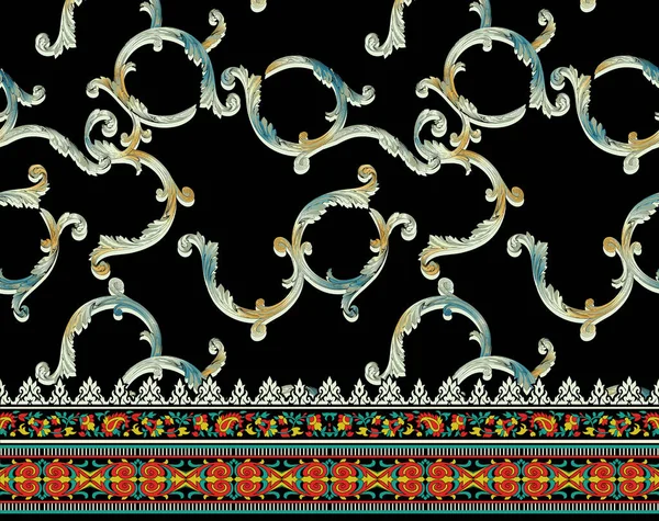 Textiel Digitale Ikat Etnische Ontwerp Set Van Damast Border Barok — Stockfoto