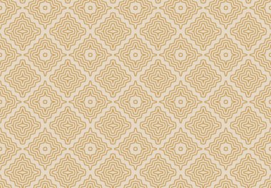 Bej rengi, kusursuz soyut zincir deseni. İllüzyon. Kusursuz desen. Eşkenar dörtgen ve düğümlerle Geometrik arkaplan. Soyut geometrik desen. Altın doku. Kusursuz geometrik desen..