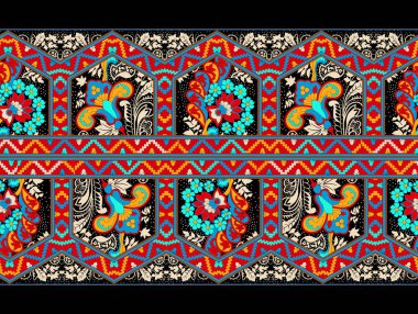 Mavi arka plana Ikat Çiçek desenli nakış. Geometrik etnik doğu desenli geleneksel. Aztec tarzı soyut illüstrasyon. desen, kumaş, giysi, ambalaj, dekorasyon, sarong için tasarım.