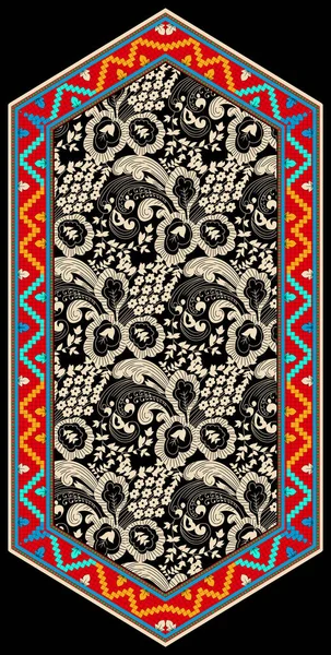 花边绣花 在黑色背景上传统的几何民族东方图案 阿兹特克风格的抽象图解 时尚女装 印花设计 — 图库照片