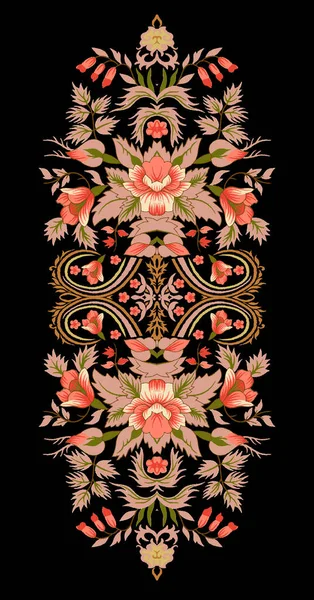 Orientální Vinobraní Květinovými Větvemi Kudrnatém Rámu Indický Textilní Styl — Stock fotografie