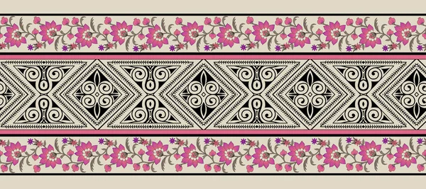 黑色背景上无缝的Paisley边框图案 芙蓉花边有传统的亚洲设计元素 — 图库照片