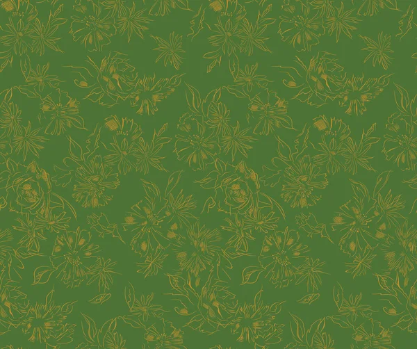 Doodled botany plants seamless repeat pattern. Randomly placed various flowers, leaves, herbs, berries, and branches illustrations all over the surface print on a sage green background.